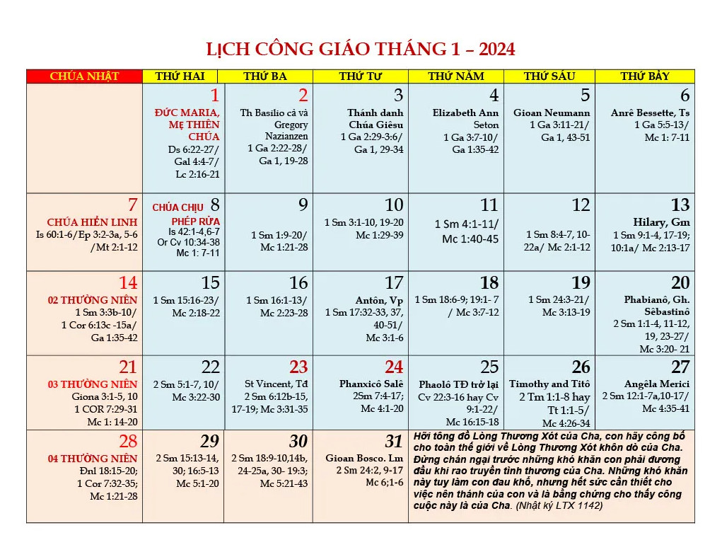 LỊCH CÔNG GIÁO 2024